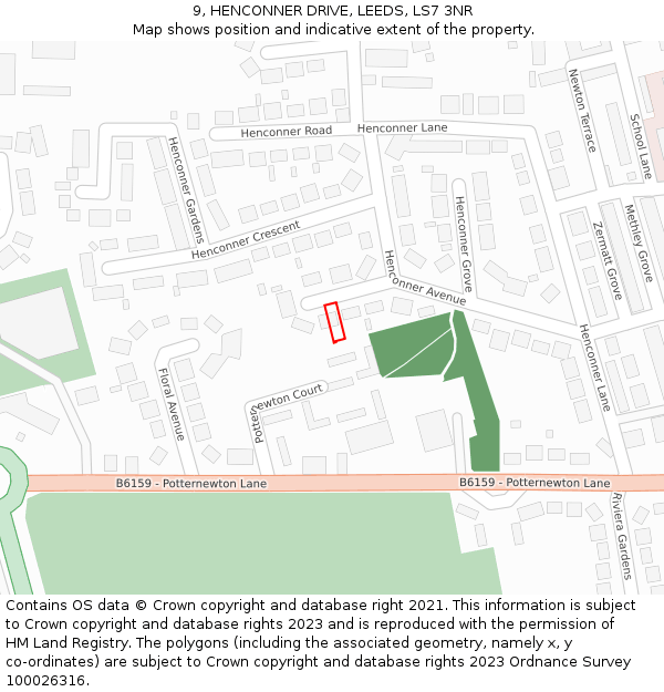 9, HENCONNER DRIVE, LEEDS, LS7 3NR: Location map and indicative extent of plot