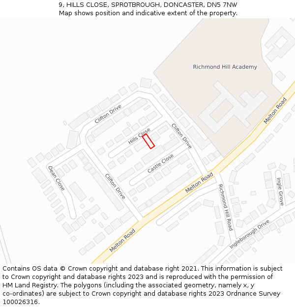 9, HILLS CLOSE, SPROTBROUGH, DONCASTER, DN5 7NW: Location map and indicative extent of plot