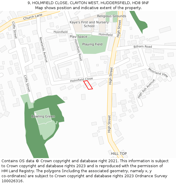 9, HOLMFIELD CLOSE, CLAYTON WEST, HUDDERSFIELD, HD8 9NF: Location map and indicative extent of plot