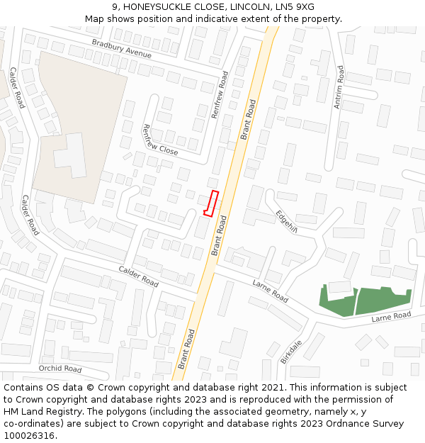 9, HONEYSUCKLE CLOSE, LINCOLN, LN5 9XG: Location map and indicative extent of plot