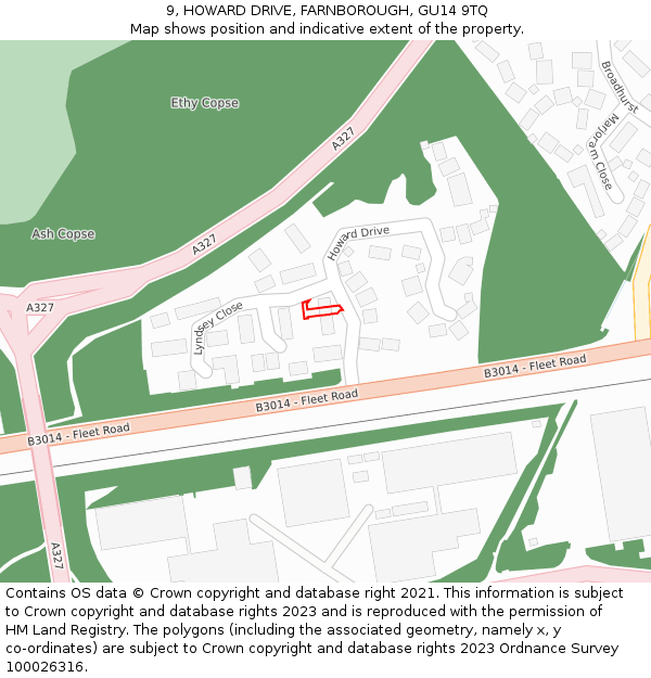 9, HOWARD DRIVE, FARNBOROUGH, GU14 9TQ: Location map and indicative extent of plot