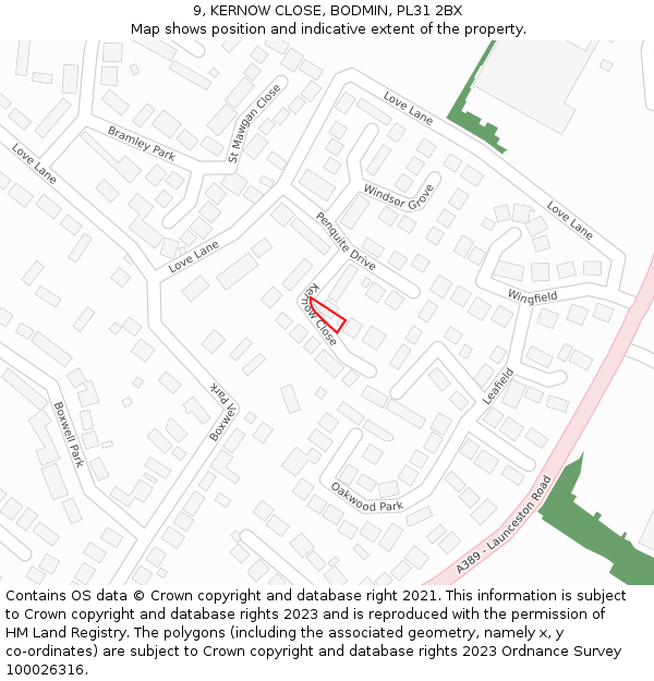 9, KERNOW CLOSE, BODMIN, PL31 2BX: Location map and indicative extent of plot