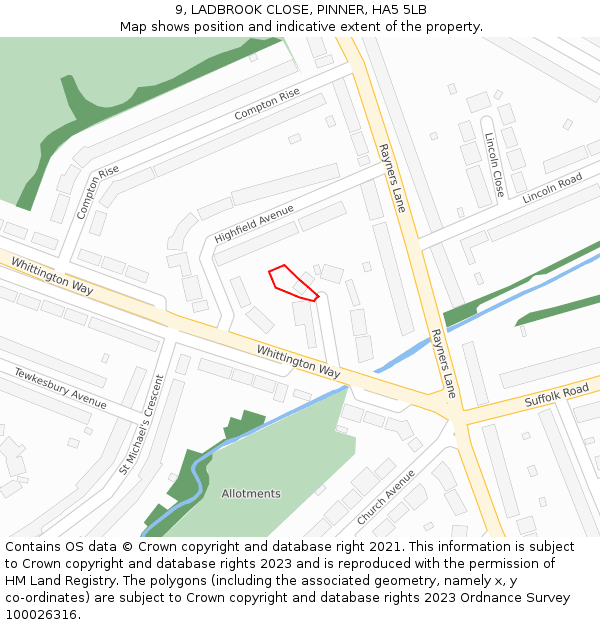 9, LADBROOK CLOSE, PINNER, HA5 5LB: Location map and indicative extent of plot