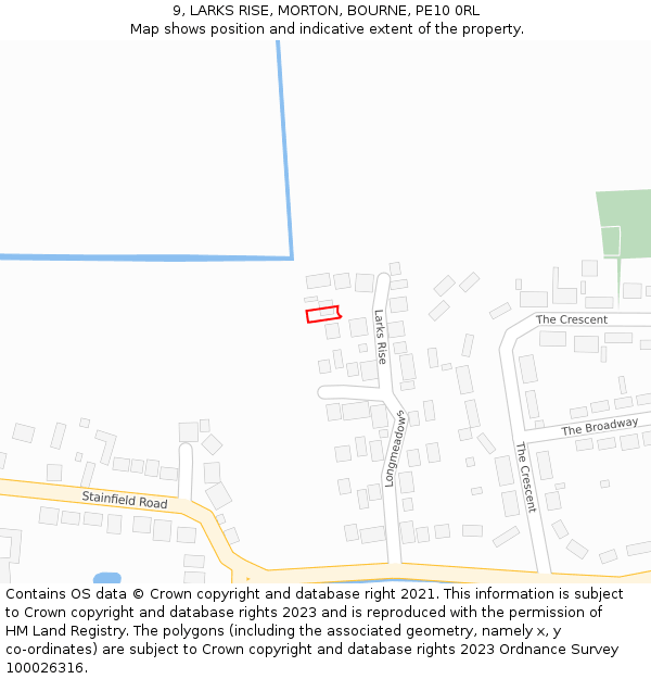 9, LARKS RISE, MORTON, BOURNE, PE10 0RL: Location map and indicative extent of plot