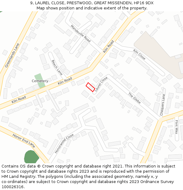 9, LAUREL CLOSE, PRESTWOOD, GREAT MISSENDEN, HP16 9DX: Location map and indicative extent of plot