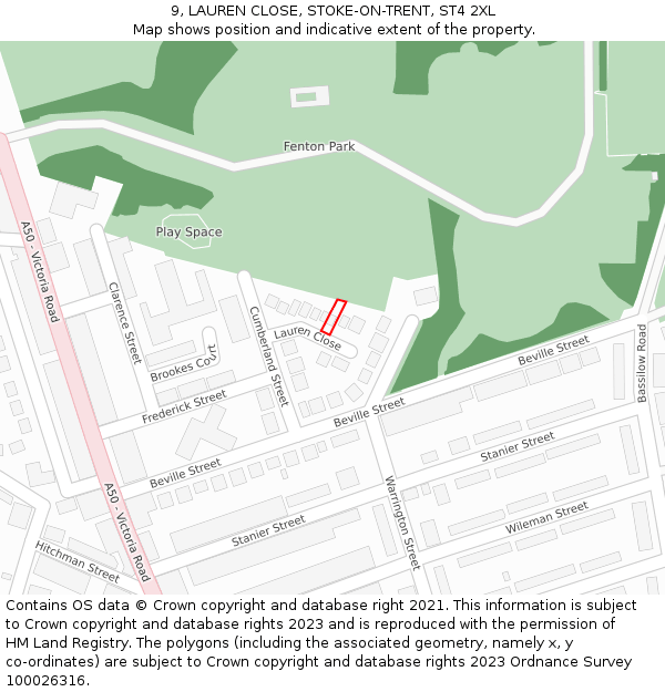 9, LAUREN CLOSE, STOKE-ON-TRENT, ST4 2XL: Location map and indicative extent of plot