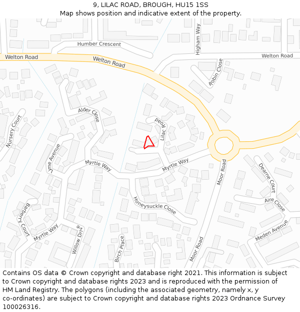 9, LILAC ROAD, BROUGH, HU15 1SS: Location map and indicative extent of plot