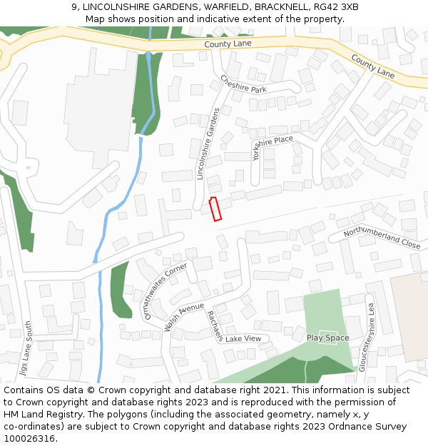 9, LINCOLNSHIRE GARDENS, WARFIELD, BRACKNELL, RG42 3XB: Location map and indicative extent of plot