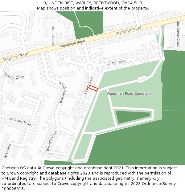 9, LINDEN RISE, WARLEY, BRENTWOOD, CM14 5UB: Location map and indicative extent of plot