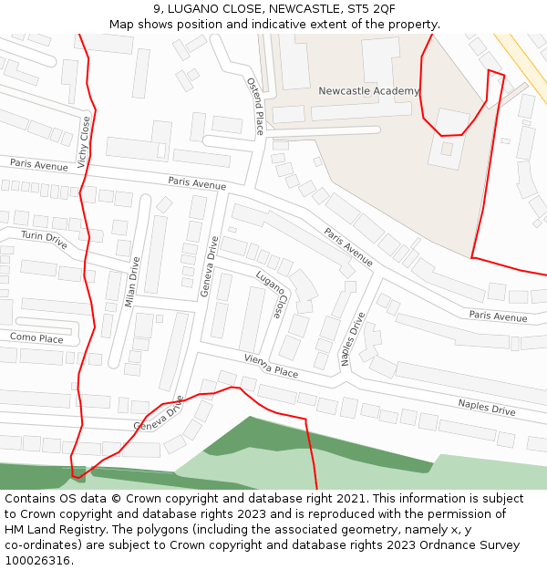 9, LUGANO CLOSE, NEWCASTLE, ST5 2QF: Location map and indicative extent of plot