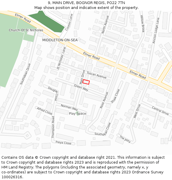 9, MAIN DRIVE, BOGNOR REGIS, PO22 7TN: Location map and indicative extent of plot