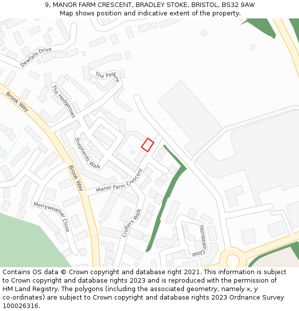 9, MANOR FARM CRESCENT, BRADLEY STOKE, BRISTOL, BS32 9AW: Location map and indicative extent of plot