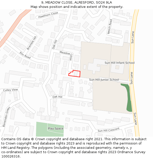 9, MEADOW CLOSE, ALRESFORD, SO24 9LA: Location map and indicative extent of plot