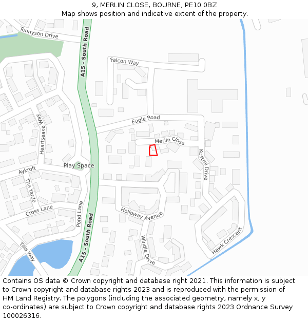 9, MERLIN CLOSE, BOURNE, PE10 0BZ: Location map and indicative extent of plot