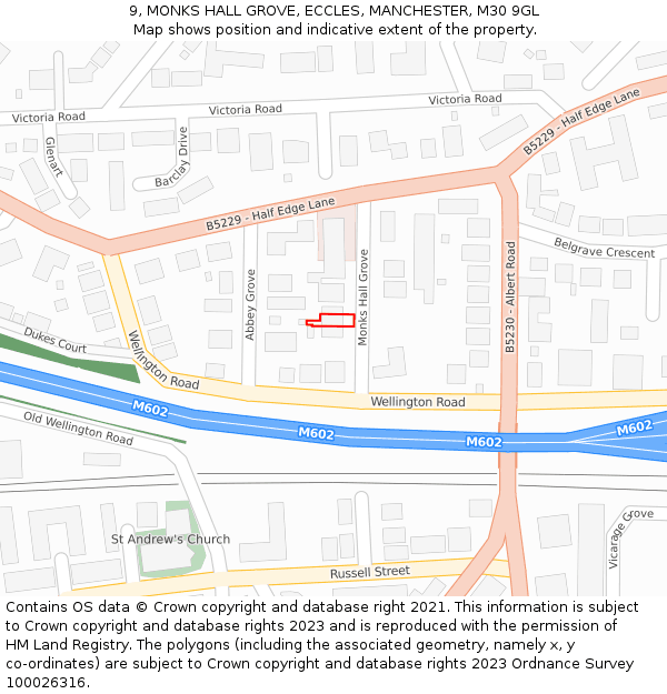 9, MONKS HALL GROVE, ECCLES, MANCHESTER, M30 9GL: Location map and indicative extent of plot