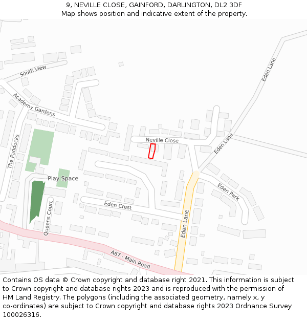 9, NEVILLE CLOSE, GAINFORD, DARLINGTON, DL2 3DF: Location map and indicative extent of plot