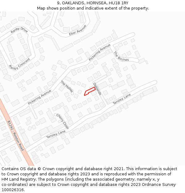 9, OAKLANDS, HORNSEA, HU18 1RY: Location map and indicative extent of plot