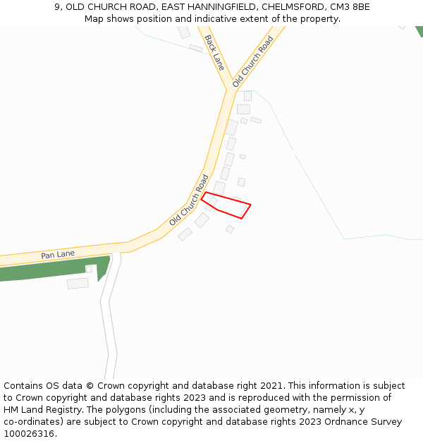 9, OLD CHURCH ROAD, EAST HANNINGFIELD, CHELMSFORD, CM3 8BE: Location map and indicative extent of plot