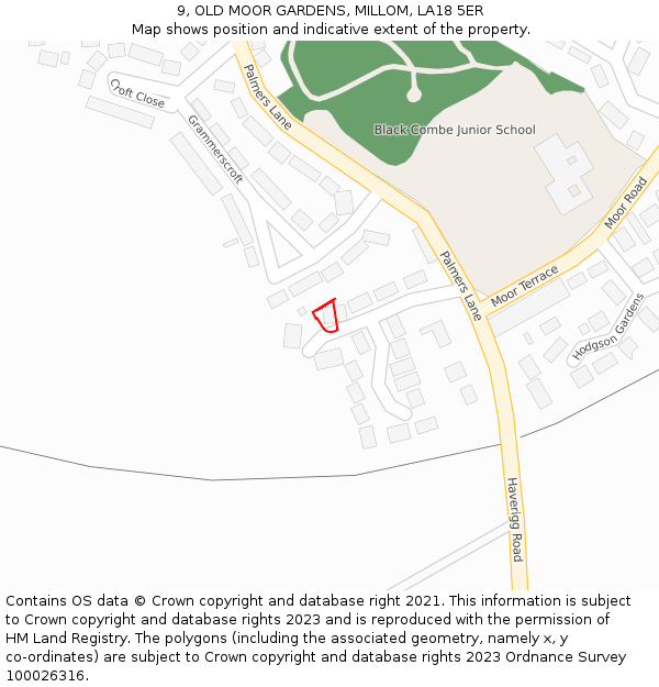 9, OLD MOOR GARDENS, MILLOM, LA18 5ER: Location map and indicative extent of plot
