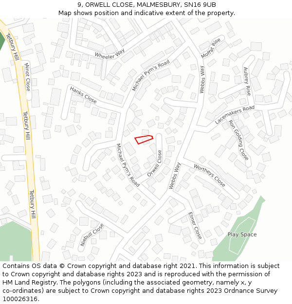 9, ORWELL CLOSE, MALMESBURY, SN16 9UB: Location map and indicative extent of plot