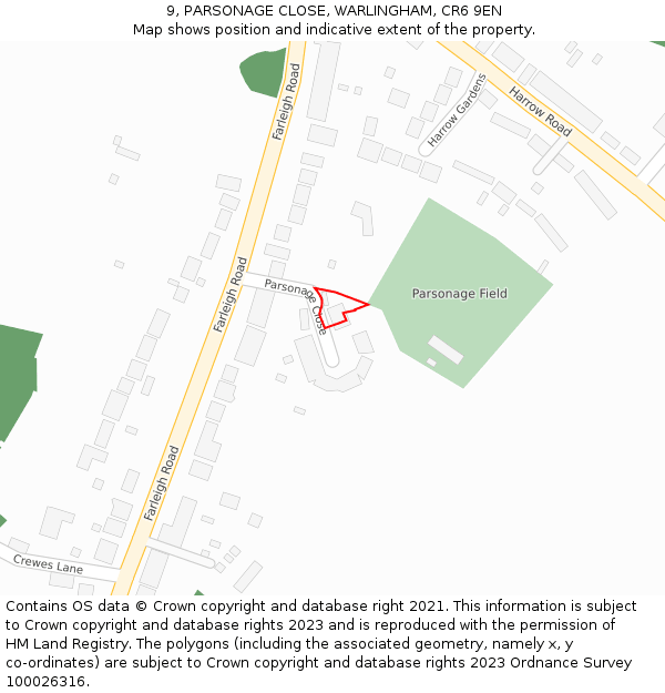 9, PARSONAGE CLOSE, WARLINGHAM, CR6 9EN: Location map and indicative extent of plot