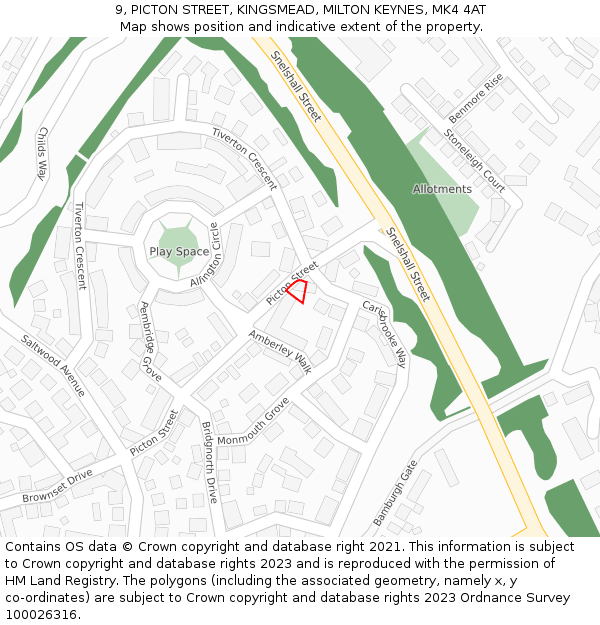 9, PICTON STREET, KINGSMEAD, MILTON KEYNES, MK4 4AT: Location map and indicative extent of plot