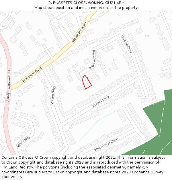 9, RUSSETTS CLOSE, WOKING, GU21 4BH: Location map and indicative extent of plot
