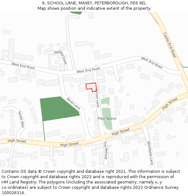 9, SCHOOL LANE, MAXEY, PETERBOROUGH, PE6 9EL: Location map and indicative extent of plot