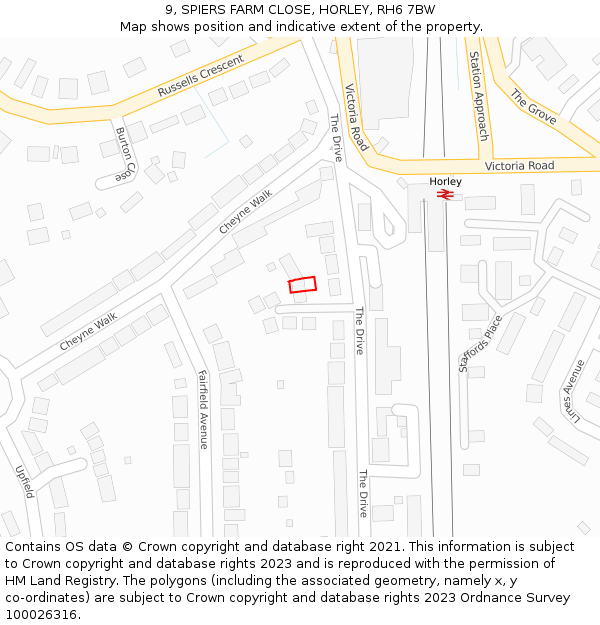 9, SPIERS FARM CLOSE, HORLEY, RH6 7BW: Location map and indicative extent of plot