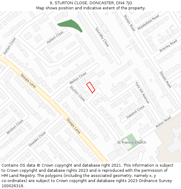 9, STURTON CLOSE, DONCASTER, DN4 7JG: Location map and indicative extent of plot