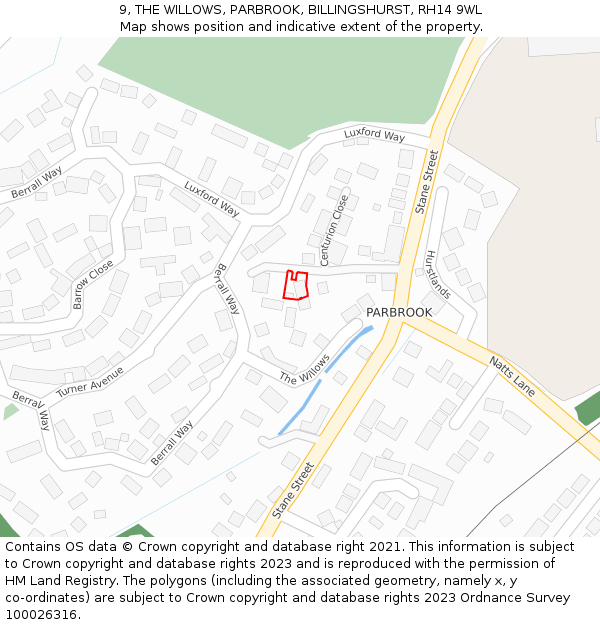 9, THE WILLOWS, PARBROOK, BILLINGSHURST, RH14 9WL: Location map and indicative extent of plot