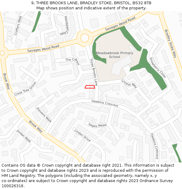 9, THREE BROOKS LANE, BRADLEY STOKE, BRISTOL, BS32 8TB: Location map and indicative extent of plot