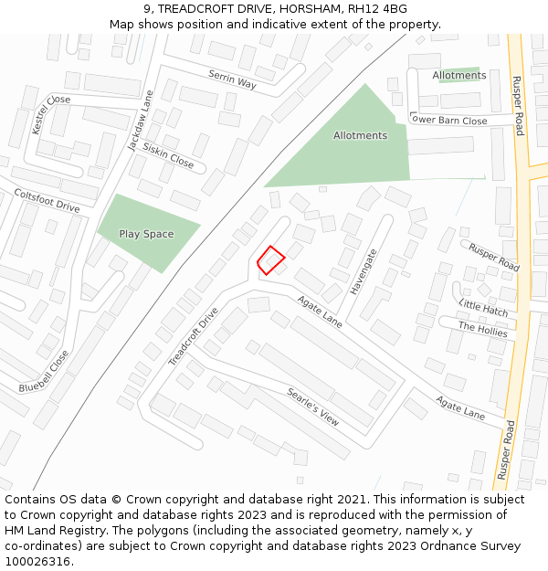 9, TREADCROFT DRIVE, HORSHAM, RH12 4BG: Location map and indicative extent of plot