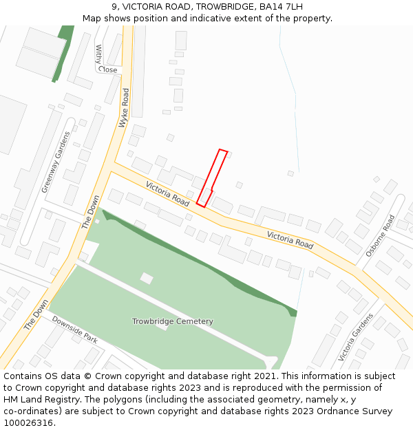 9, VICTORIA ROAD, TROWBRIDGE, BA14 7LH: Location map and indicative extent of plot