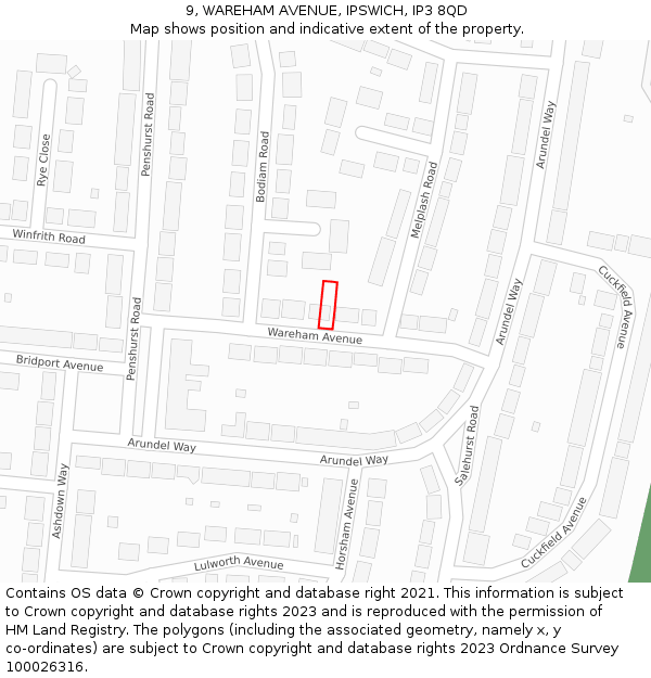 9, WAREHAM AVENUE, IPSWICH, IP3 8QD: Location map and indicative extent of plot