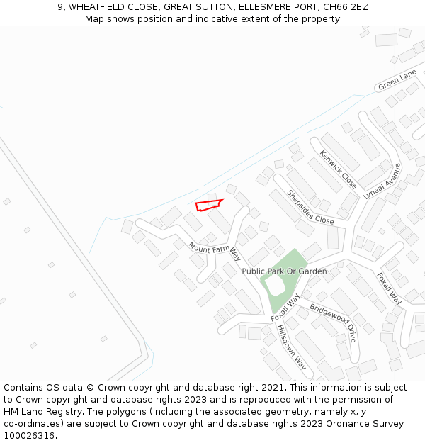 9, WHEATFIELD CLOSE, GREAT SUTTON, ELLESMERE PORT, CH66 2EZ: Location map and indicative extent of plot