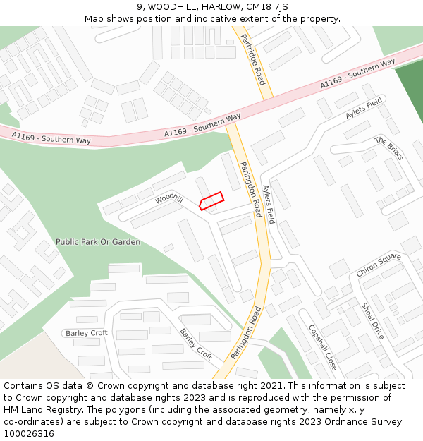 9, WOODHILL, HARLOW, CM18 7JS: Location map and indicative extent of plot