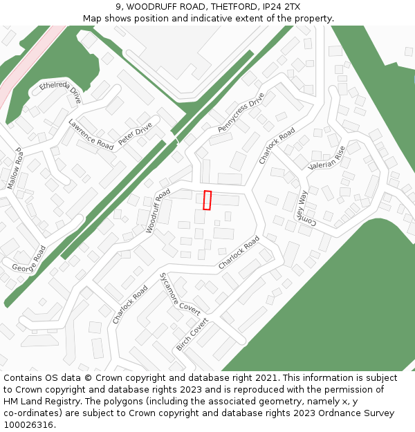 9, WOODRUFF ROAD, THETFORD, IP24 2TX: Location map and indicative extent of plot