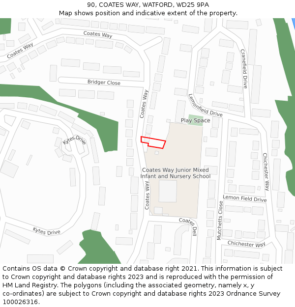 90, COATES WAY, WATFORD, WD25 9PA: Location map and indicative extent of plot