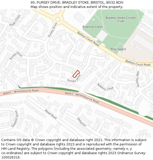 90, PURSEY DRIVE, BRADLEY STOKE, BRISTOL, BS32 8DN: Location map and indicative extent of plot