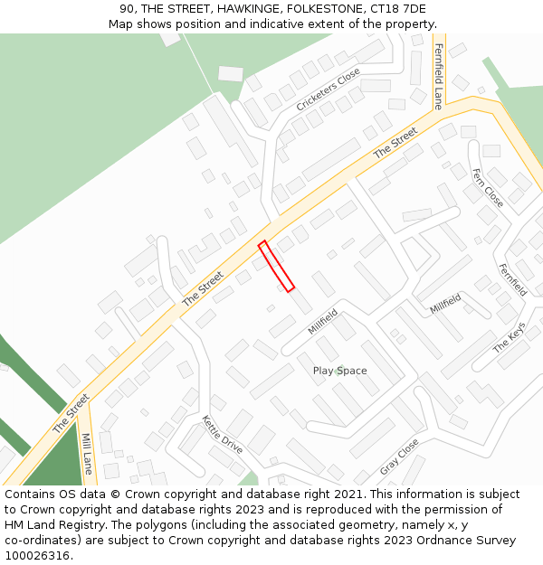 90, THE STREET, HAWKINGE, FOLKESTONE, CT18 7DE: Location map and indicative extent of plot