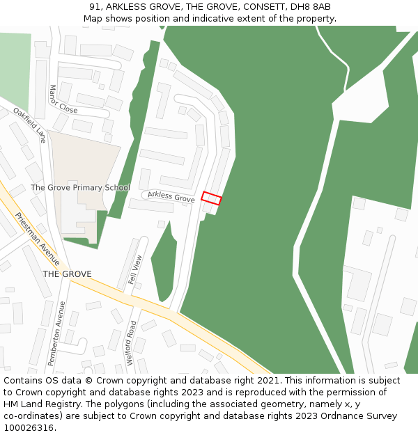 91, ARKLESS GROVE, THE GROVE, CONSETT, DH8 8AB: Location map and indicative extent of plot