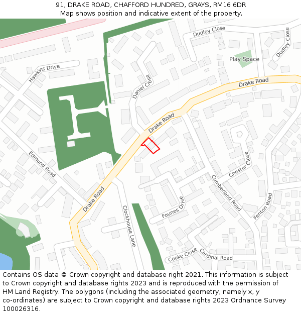 91, DRAKE ROAD, CHAFFORD HUNDRED, GRAYS, RM16 6DR: Location map and indicative extent of plot