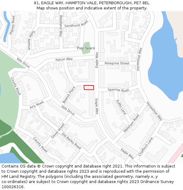 91, EAGLE WAY, HAMPTON VALE, PETERBOROUGH, PE7 8EL: Location map and indicative extent of plot