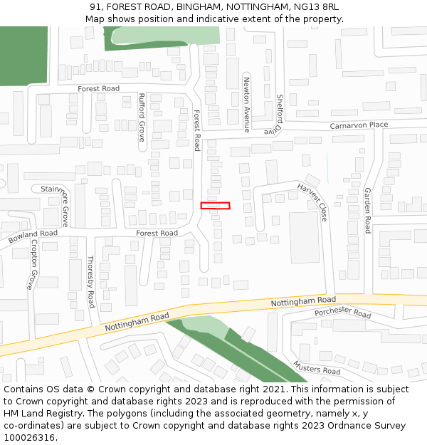 91, FOREST ROAD, BINGHAM, NOTTINGHAM, NG13 8RL: Location map and indicative extent of plot