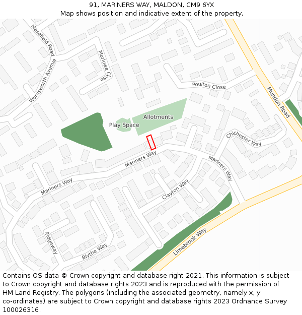 91, MARINERS WAY, MALDON, CM9 6YX: Location map and indicative extent of plot