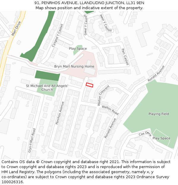 91, PENRHOS AVENUE, LLANDUDNO JUNCTION, LL31 9EN: Location map and indicative extent of plot