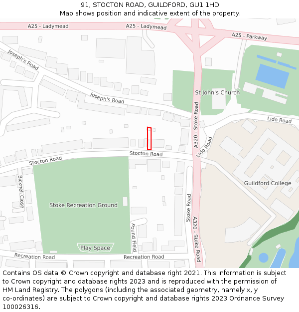 91, STOCTON ROAD, GUILDFORD, GU1 1HD: Location map and indicative extent of plot