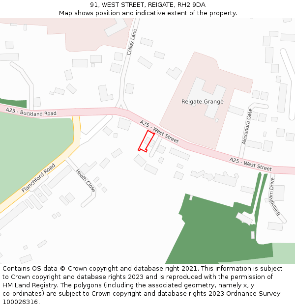 91, WEST STREET, REIGATE, RH2 9DA: Location map and indicative extent of plot