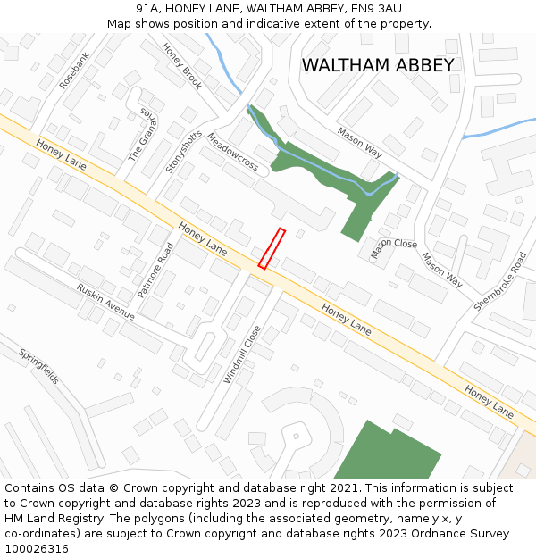 91A, HONEY LANE, WALTHAM ABBEY, EN9 3AU: Location map and indicative extent of plot